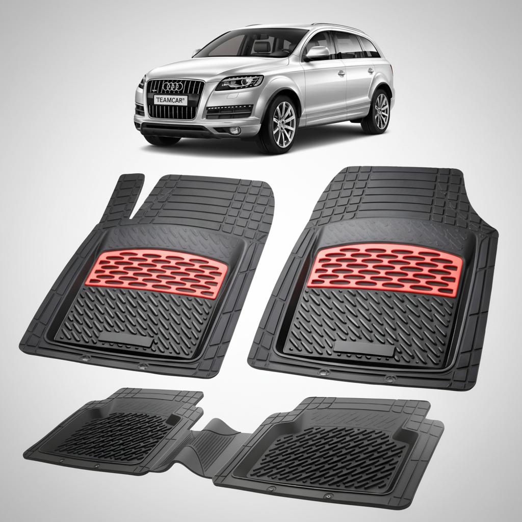 set de covorase din cauciuc negre cu accente rosii cu un audi q7 4L suv gri  in fundal