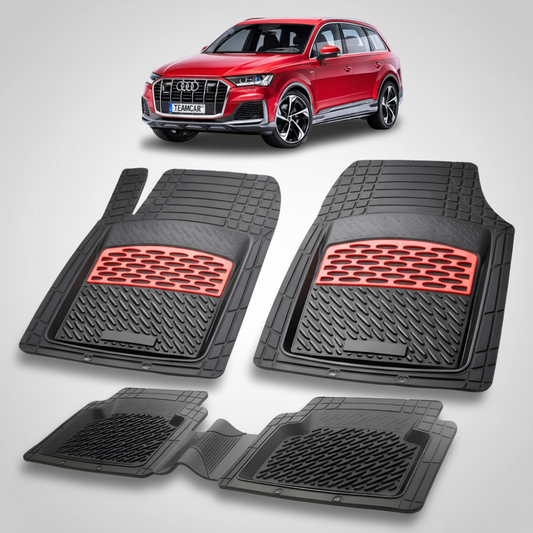 set de covorase din cauciuc negre cu accente rosii cu un audi q7 4m suv rosu  in fundal