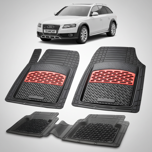 set de covorase din cauciuc negre cu accente rosii cu un audi a4 b8 allroad alb in fundal