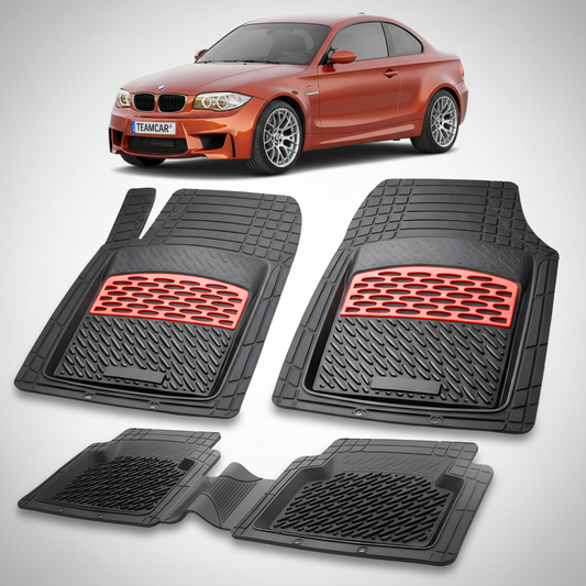 Set of black car mats with red accents on a white background, featuring a red car above.