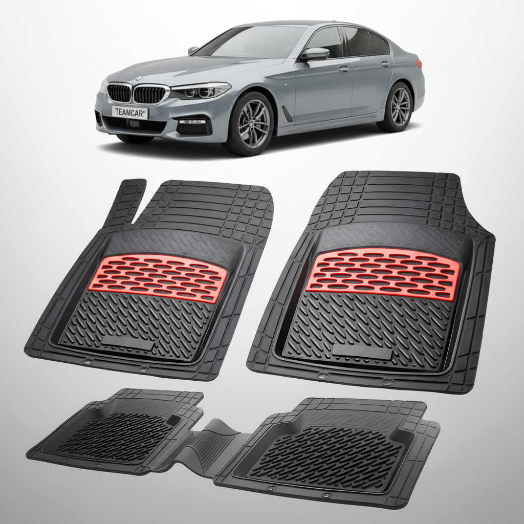 Set of car floor mats with red accents on a white background, featuring a BMW car.