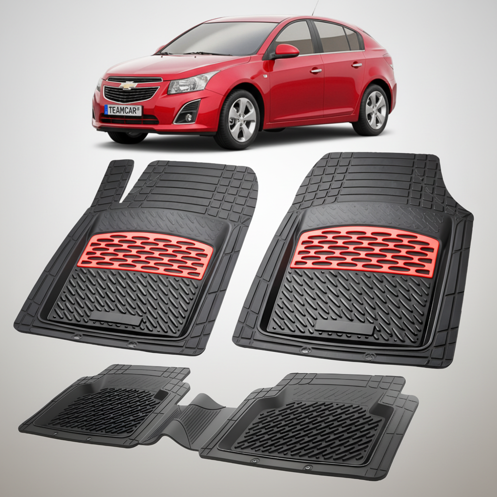Set of black car mats with red accents on a white background, featuring a red car above.