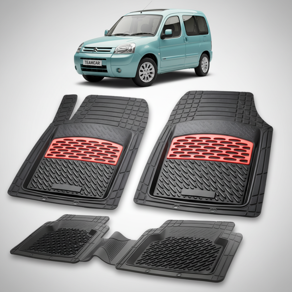 set de covorase din cauciuc negre cu accente rosii cu o un citroen berlingo generatia i turcoaz in fundal