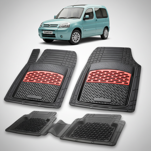 set de covorase din cauciuc negre cu accente rosii cu o un citroen berlingo generatia i turcoaz in fundal