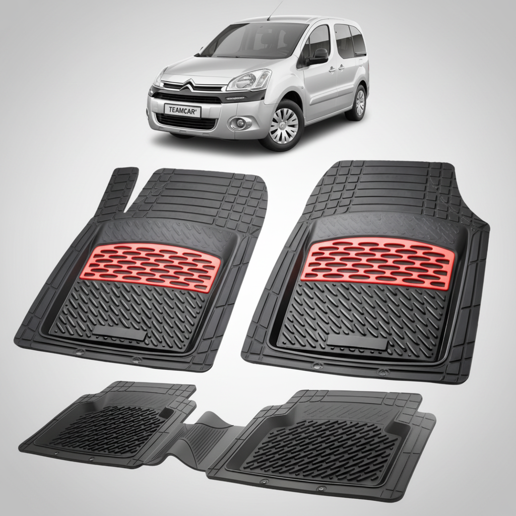 set de covorase din cauciuc negre cu accente rosii cu o un citroen berlingo generatia ii gri in fundal