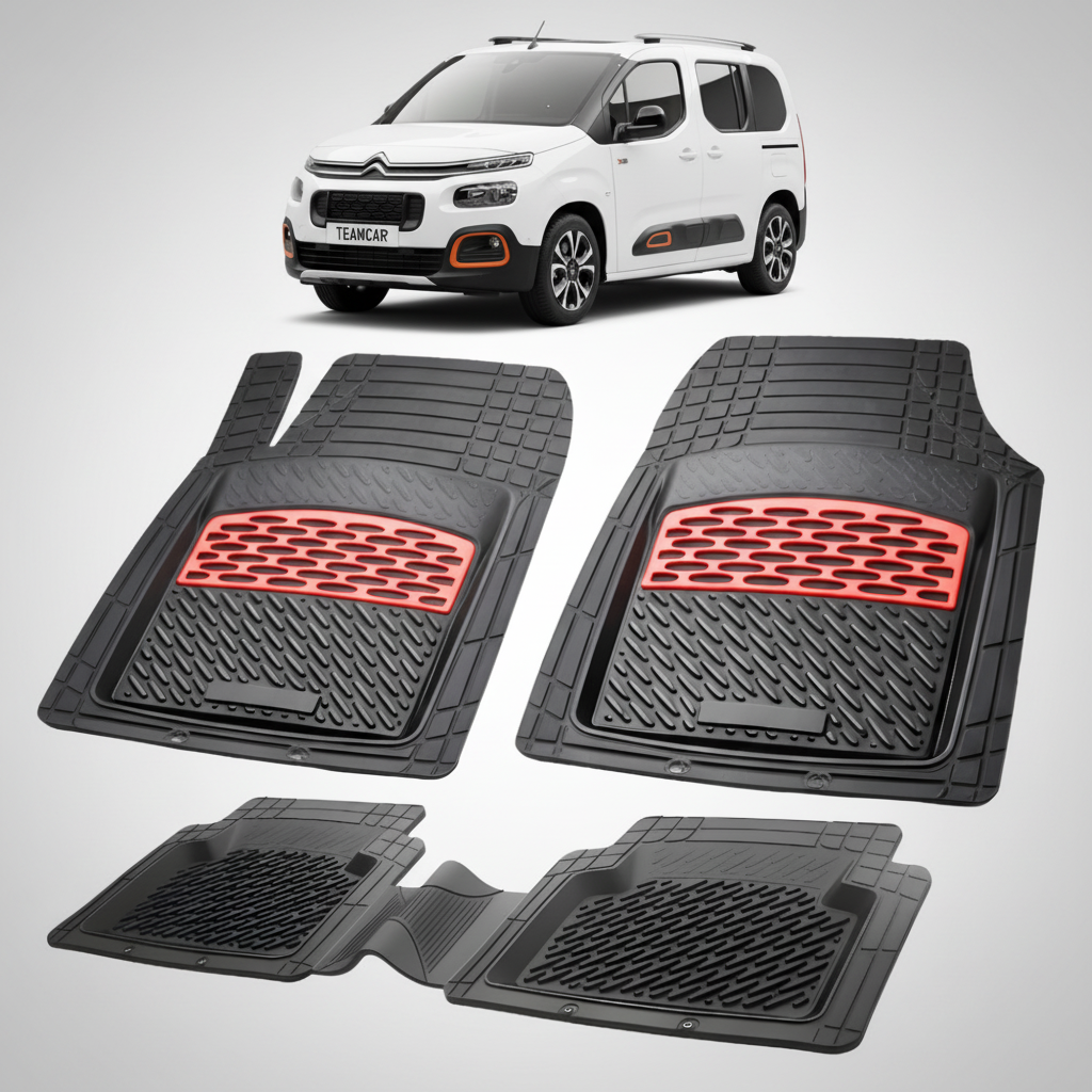 set de covorase din cauciuc negre cu accente rosii cu o un citroen berlingo generatia iii alb in fundal