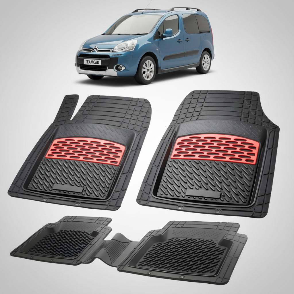 set de covorase din cauciuc negre cu accente rosii cu o un citroen berlingo passenger gen 2 albastru in fundal