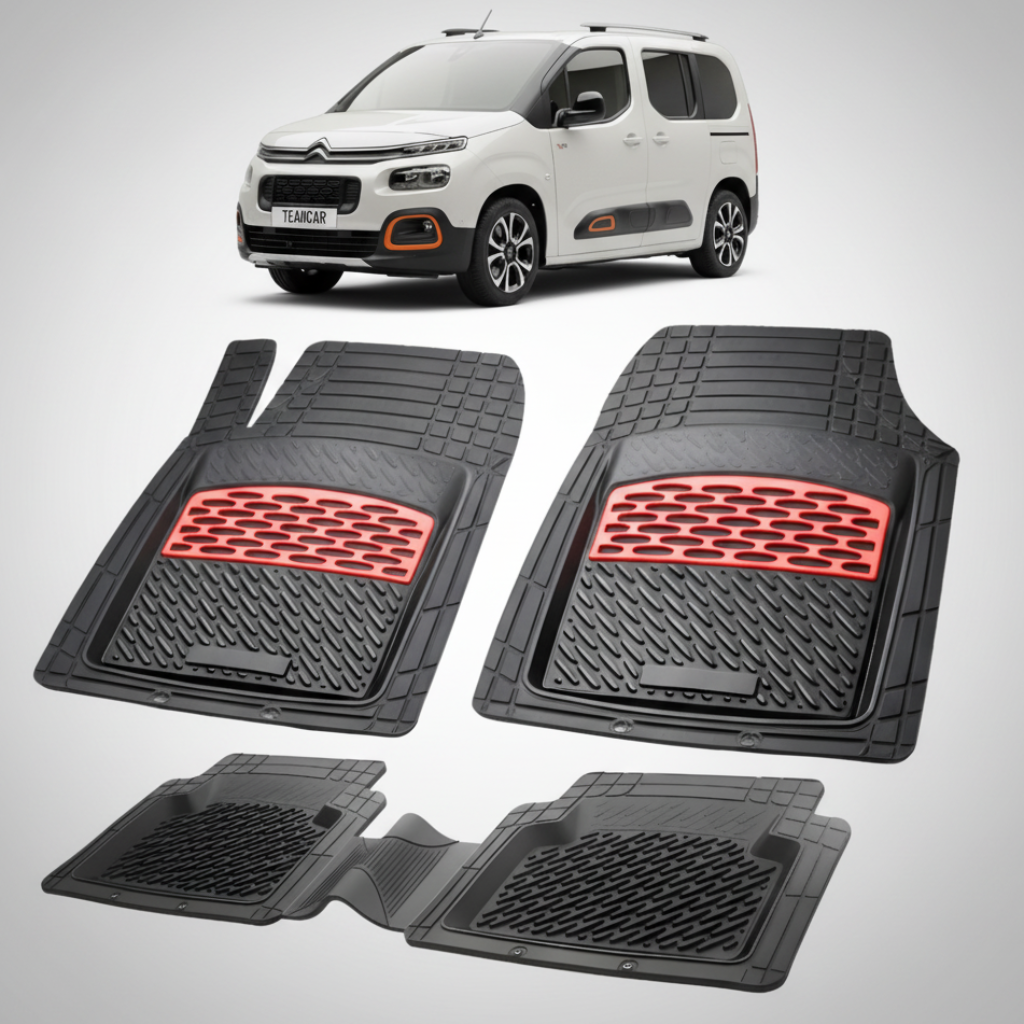 set de covorase din cauciuc negre cu accente rosii cu o un citroen berlingo passenger gen 3 alb in fundal