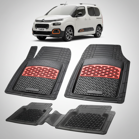 set de covorase din cauciuc negre cu accente rosii cu o un citroen berlingo passenger gen 3 alb in fundal