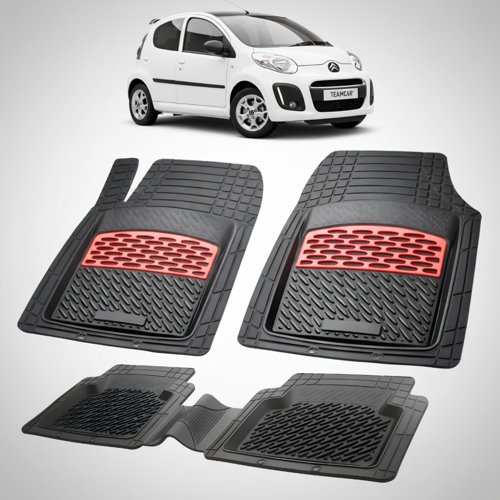 set de covorase din cauciuc negre cu accente rosii cu o un citroen c1 generatia i alb in fundal