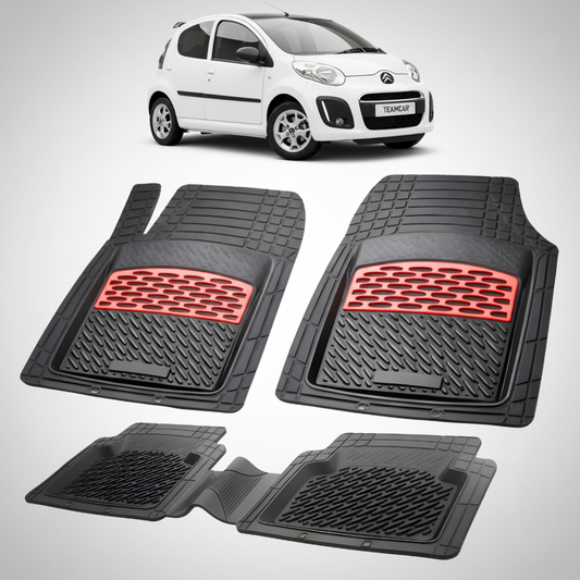 set de covorase din cauciuc negre cu accente rosii cu o un citroen c1 generatia i alb in fundal