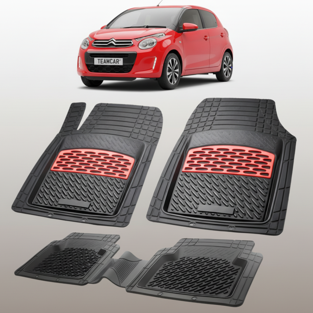 set de covorase din cauciuc negre cu accente rosii cu o un citroen c1 generatia ii rosu in fundal