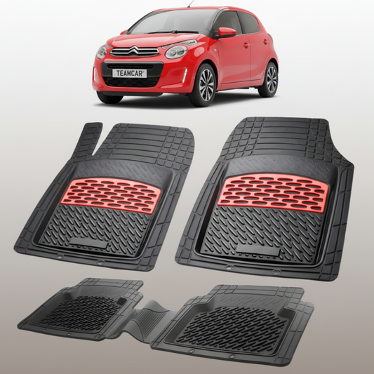 set de covorase din cauciuc negre cu accente rosii cu o un citroen c1 generatia ii rosu in fundal