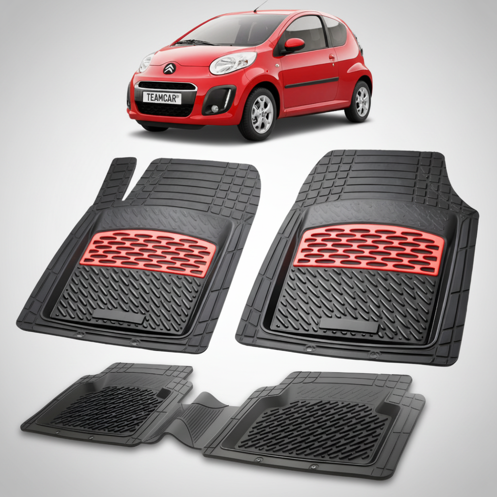 set de covorase din cauciuc negre cu accente rosii cu o un citroen c1 hatchback facelift rosu in fundal