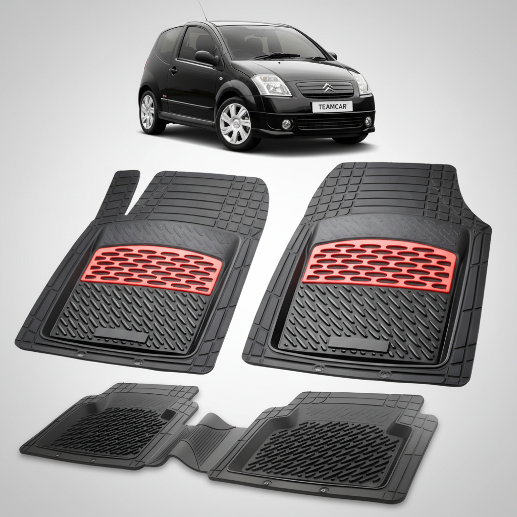 set de covorase din cauciuc negre cu accente rosii cu o un citroen c2 generatia i negru in fundal