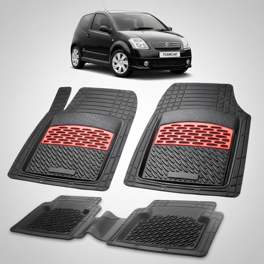 set de covorase din cauciuc negre cu accente rosii cu o un citroen c2 generatia i negru in fundal