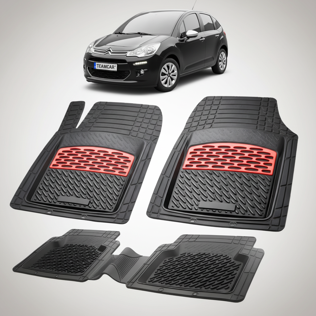 set de covorase din cauciuc negre cu accente rosii cu o un citroen c3 generatia ii neagra in fundal