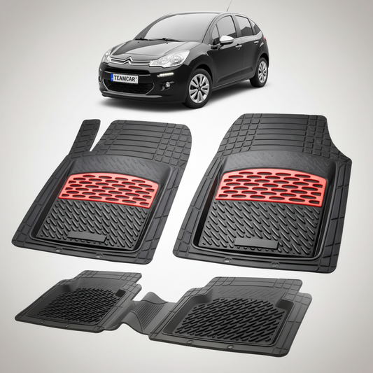 set de covorase din cauciuc negre cu accente rosii cu o un citroen c3 generatia ii neagra in fundal