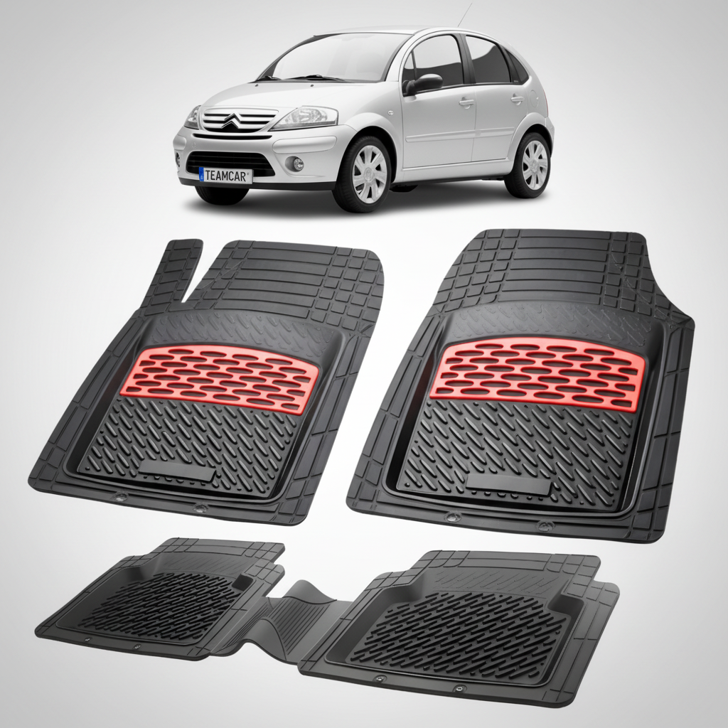 set de covorase din cauciuc negre cu accente rosii cu o un citroen c3 generatia i argintiu in fundal