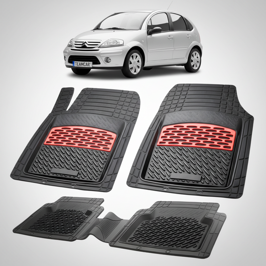 set de covorase din cauciuc negre cu accente rosii cu o un citroen c3 generatia i argintiu in fundal