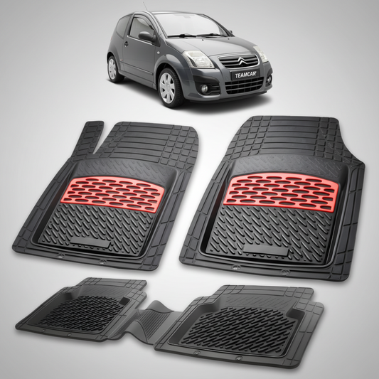 set de covorase din cauciuc negre cu accente rosii cu o un citroen c2 hatchback facelift negru in fundal