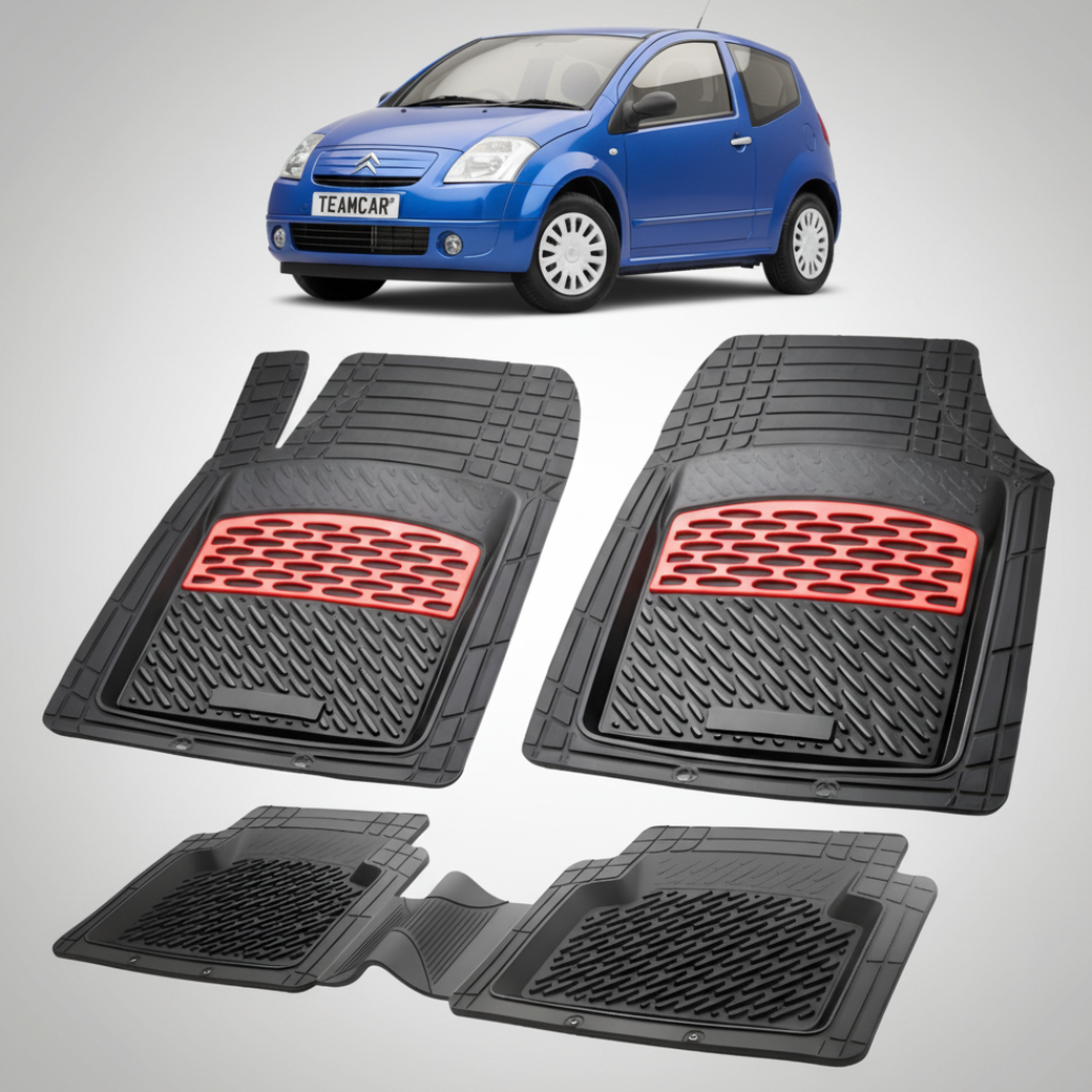 set de covorase din cauciuc negre cu accente rosii cu o un citroen c2 hatchback pre-facelift albastru in fundal