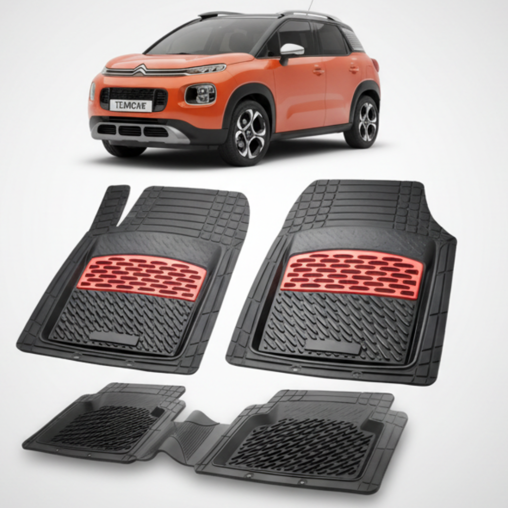 set de covorase din cauciuc negre cu accente rosii cu o un citroen c3 aircross generatia i portocaliu in fundal