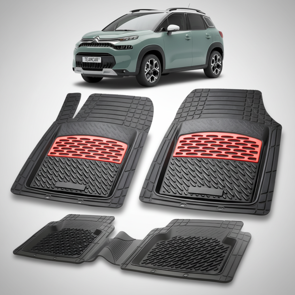 set de covorase din cauciuc negre cu accente rosii cu o un citroen c3 aircross suv facelift verde in fundal