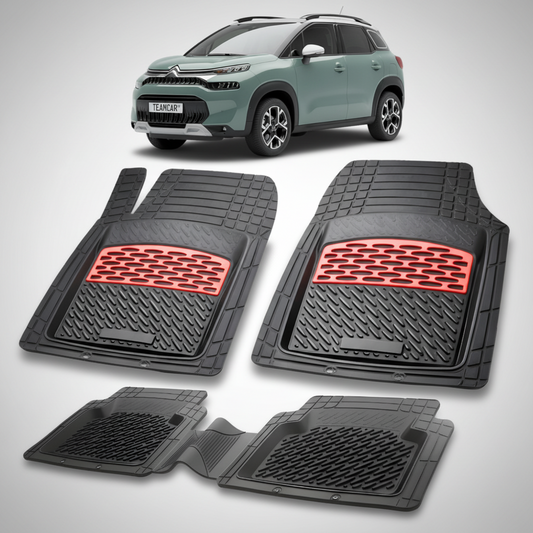 set de covorase din cauciuc negre cu accente rosii cu o un citroen c3 aircross suv facelift verde in fundal
