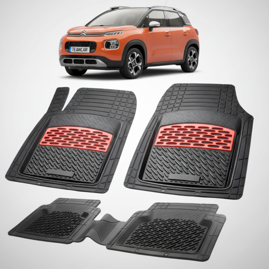 set de covorase din cauciuc negre cu accente rosii cu o un citroen c3 aircross suv gen 1 portocaliu in fundal