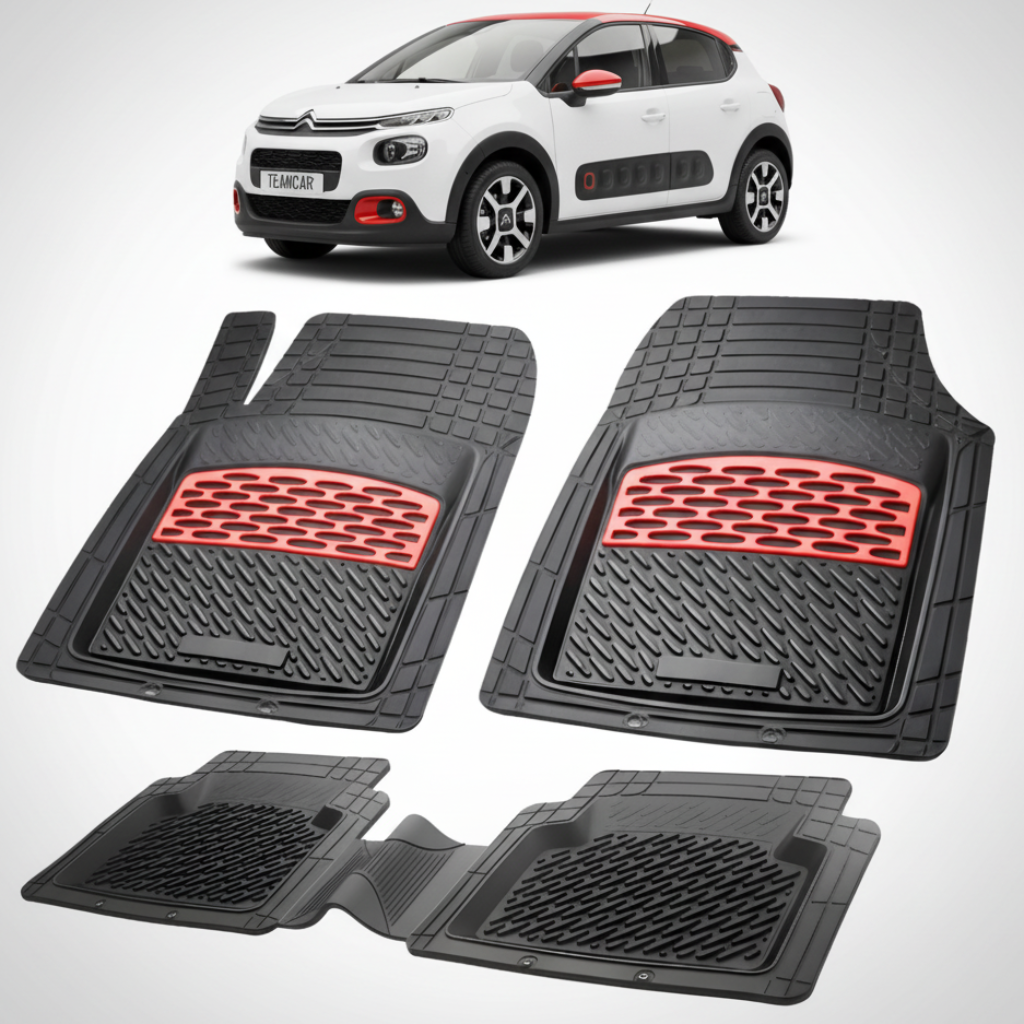 set de covorase din cauciuc negre cu accente rosii cu o un citroen c3 generatia iii alb in fundal