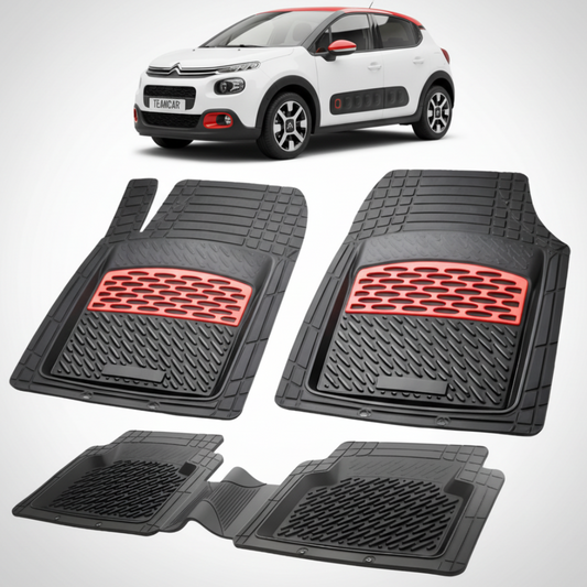 set de covorase din cauciuc negre cu accente rosii cu o un citroen c3 generatia iii alb in fundal