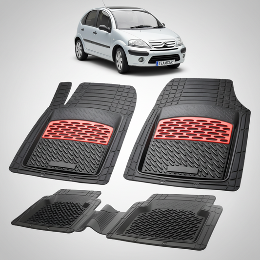 set de covorase din cauciuc negre cu accente rosii cu o un citroen c3 hatchback facelift gri in fundal