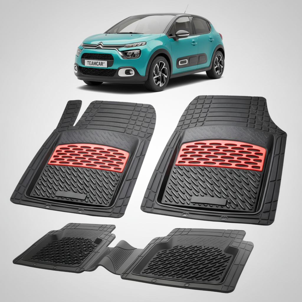 set de covorase din cauciuc negre cu accente rosii cu o un citroen c3 hatchback facelift verde  in fundal