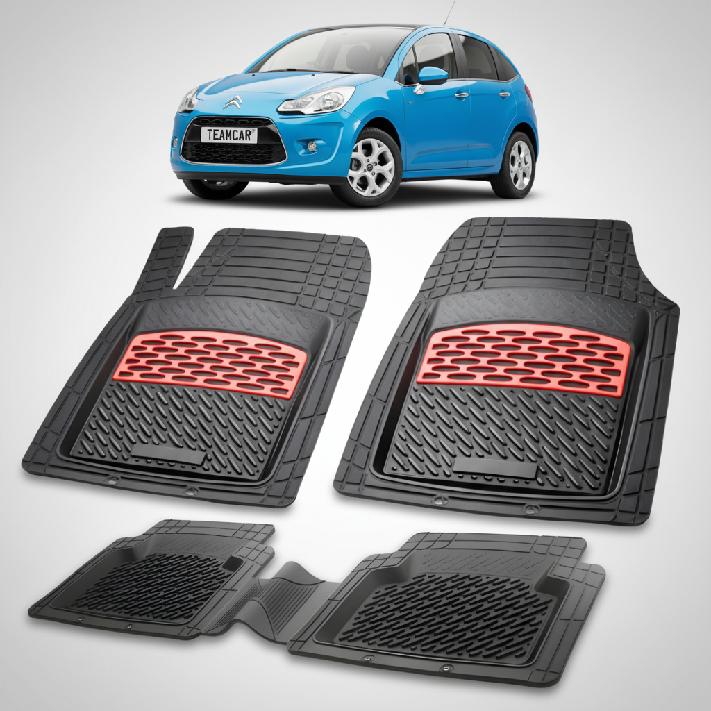 set de covorase din cauciuc negre cu accente rosii cu o un citroen c3 hatchback generatia 2 albastru in fundal