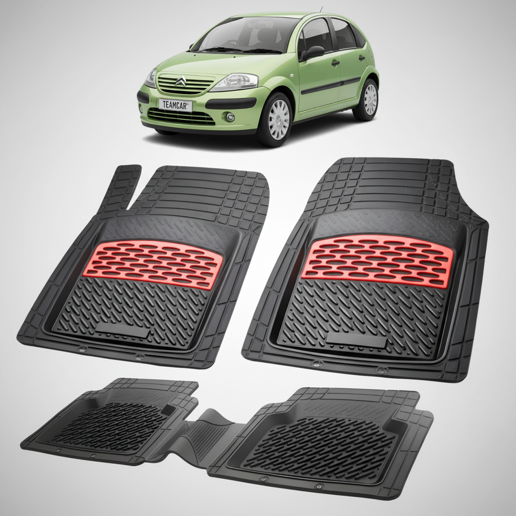set de covorase din cauciuc negre cu accente rosii cu o un citroen c3 hatchback pre-facelift verde in fundal