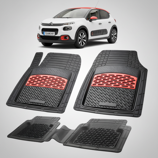 set de covorase din cauciuc negre cu accente rosii cu o un citroen c3 hatchback pre-facelift alb in fundal