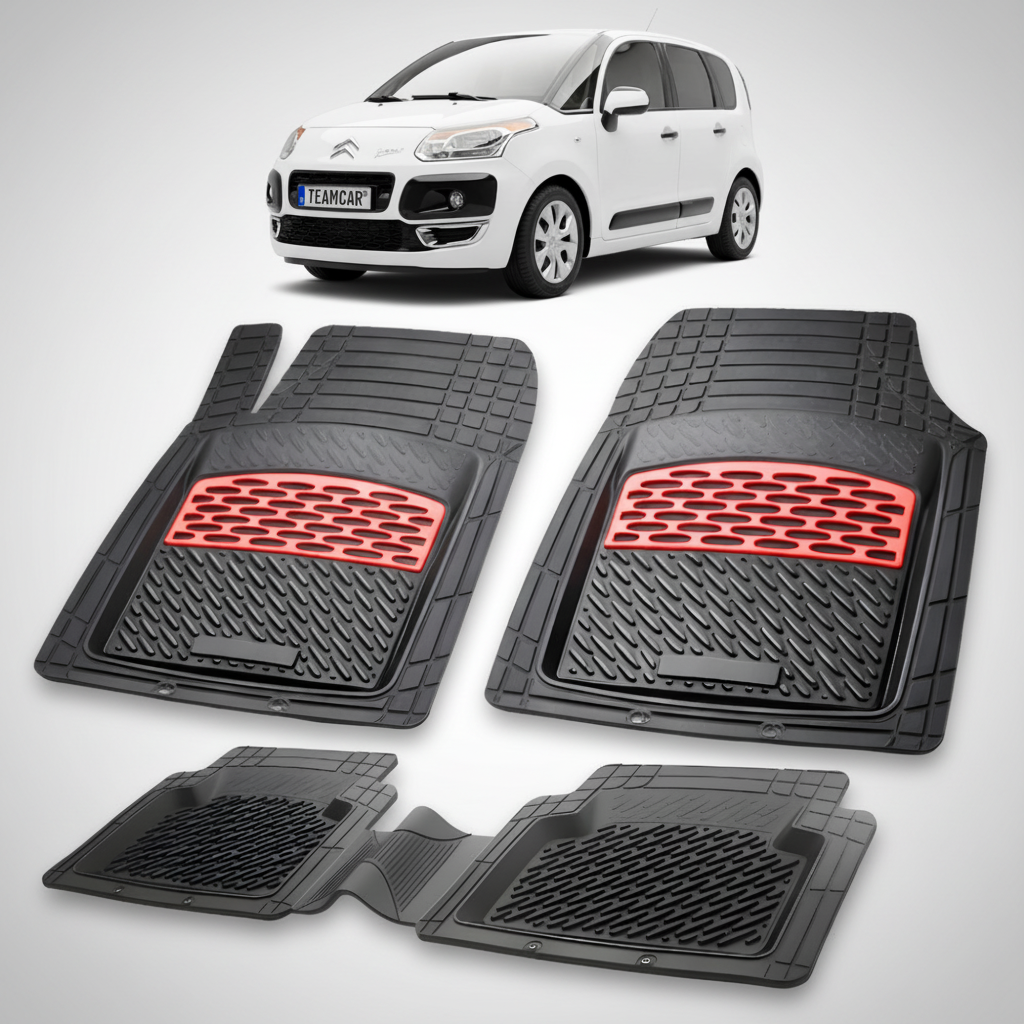 set de covorase din cauciuc negre cu accente rosii cu o un citroen c3 picasso mpv generatia 1 alb in fundal