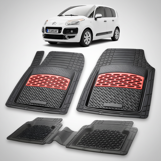 set de covorase din cauciuc negre cu accente rosii cu o un citroen c3 picasso mpv generatia 1 alb in fundal