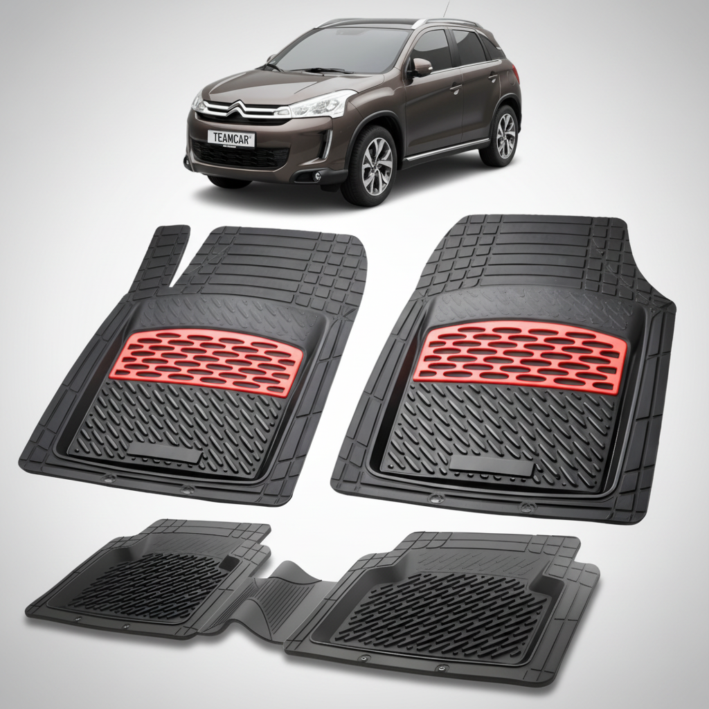 set de covorase din cauciuc negre cu accente rosii cu o un citroen c4 aircross suv gen 1 maro in fundal