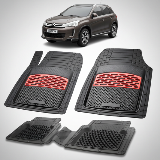 set de covorase din cauciuc negre cu accente rosii cu o un citroen c4 aircross suv gen 1 maro in fundal