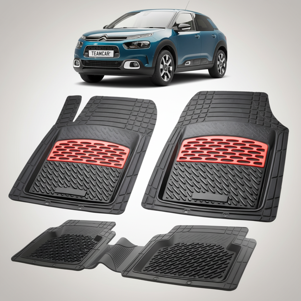 set de covorase din cauciuc negre cu accente rosii cu o un citroen c4 cactus generatia i albastru in fundal