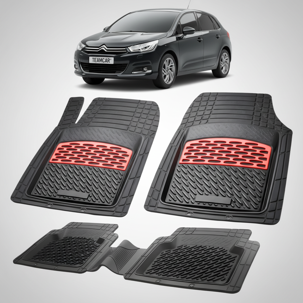 set de covorase din cauciuc negre cu accente rosii cu o un citroen c4 generatia ii negru in fundal