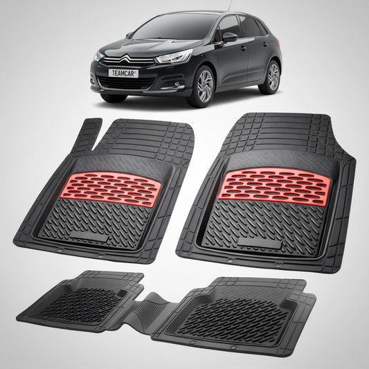 set de covorase din cauciuc negre cu accente rosii cu o un citroen c4 generatia ii negru in fundal