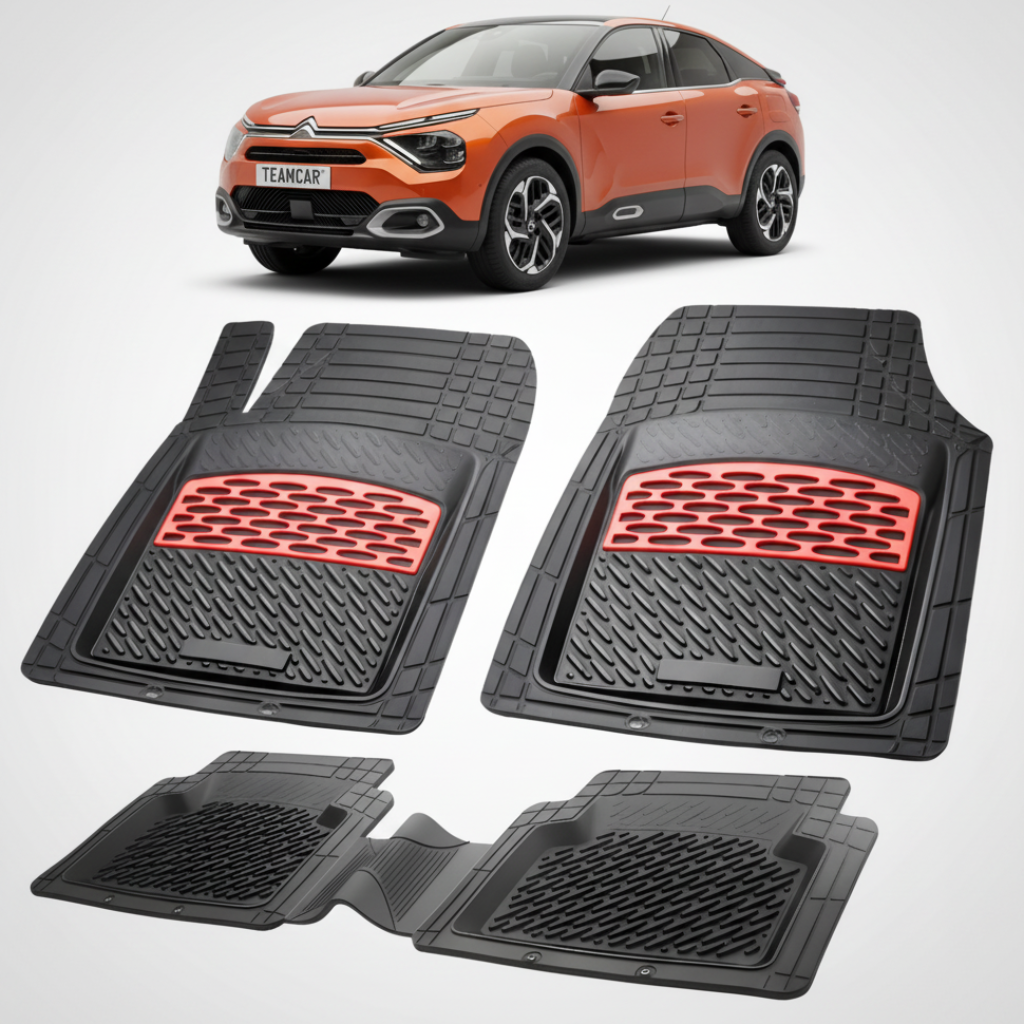 set de covorase din cauciuc negre cu accente rosii cu o un citroen c4 generatia iii portocaliu in fundal