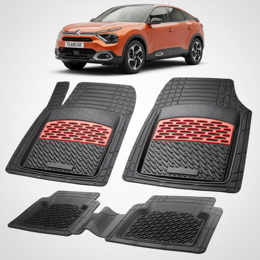 set de covorase din cauciuc negre cu accente rosii cu o un citroen c4 generatia iii portocaliu in fundal