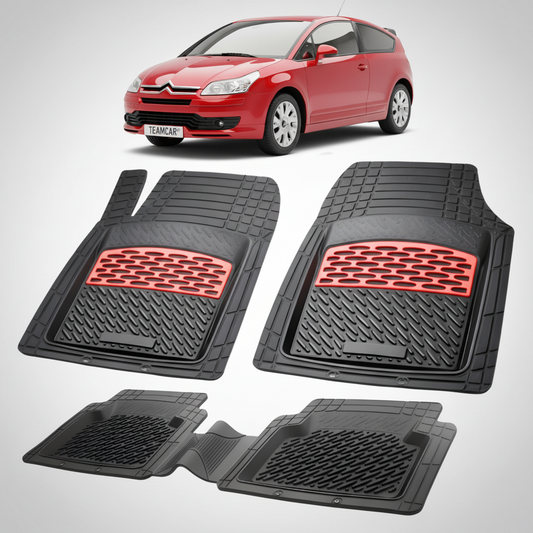 set de covorase din cauciuc negre cu accente rosii cu o un citroen c4 generatia i rosu in fundal