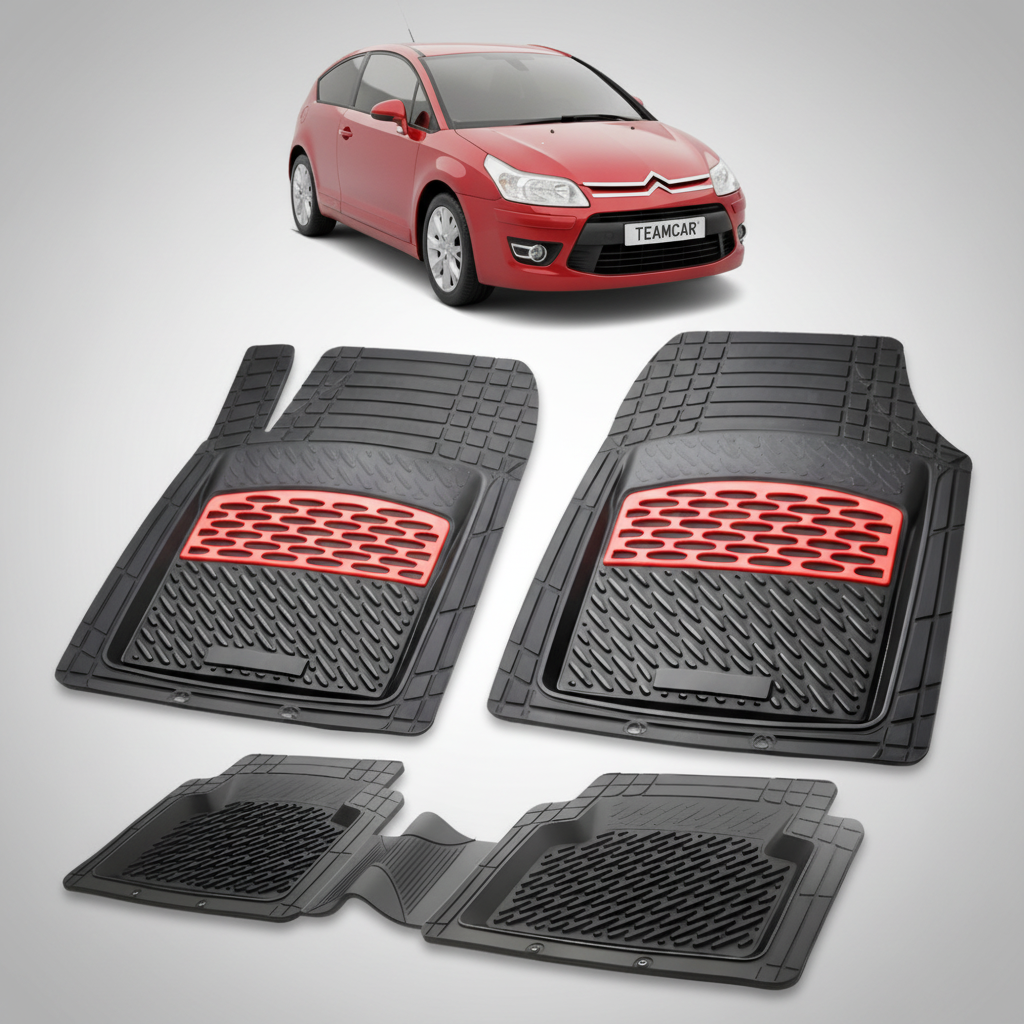 set de covorase din cauciuc negre cu accente rosii cu o un citroen c4 hatchback 3 usi facelift rosu in fundal