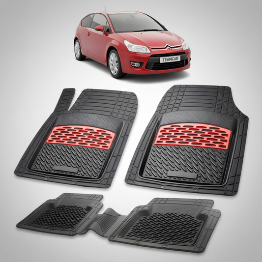 set de covorase din cauciuc negre cu accente rosii cu o un citroen c4 hatchback 3 usi facelift rosu in fundal