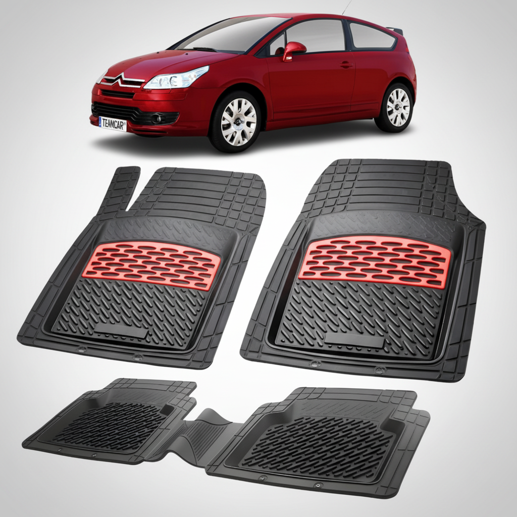 set de covorase din cauciuc negre cu accente rosii cu o un citroen c4 hatchback 3 usi pre-facelift rosu in fundal